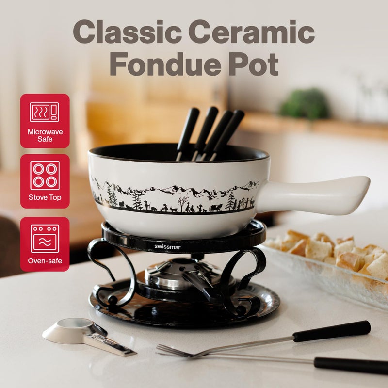 Swissmar طقم فوندو الجبنة من سويسمار هايدي - 2.8 QT / 2.65 L - وعاء فوندو سيراميك مع موقد، موقد فوندو، 6 شوكات وبطاقة وصفة - مثالي لذوبان الجبنة، الشوكولاتة والكراميل - أبيض - Image 2